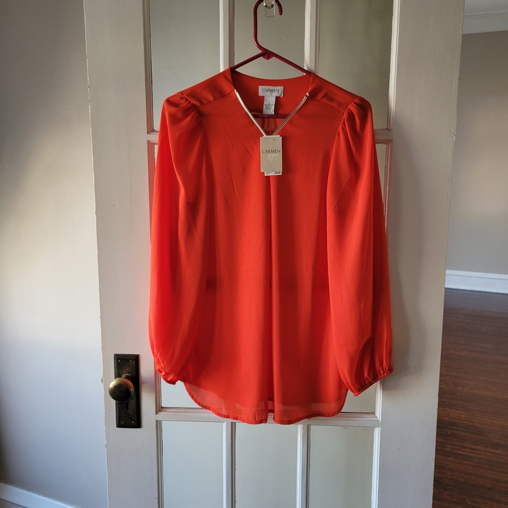 Carmen Marc Valvo Women’s Long Sleeve Zipper Sheer Blouse Size Large